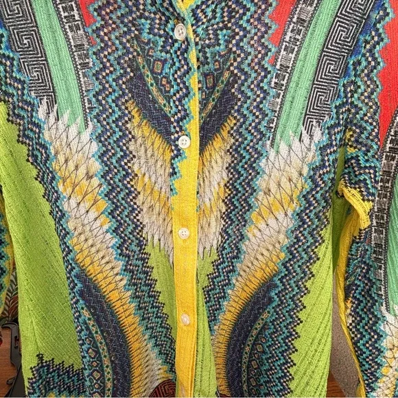 Boho Chic Global Vibe Colorful Patterned  Button-Up Sheer Cover Shirt Women’s M - Picture 4 of 8